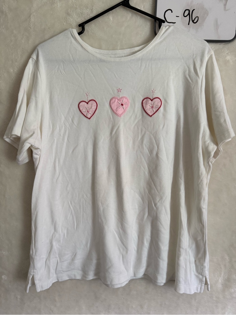 Classic Elements White Short-Sleeve Tee with Pink Heart Embroidery